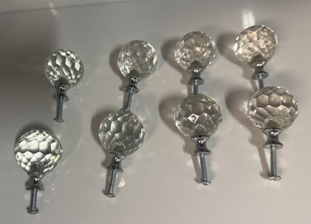 Vintage Clear Multi-Faceted Glass Spheres 1.25" Cabinet Knobs Pulls Set of 8